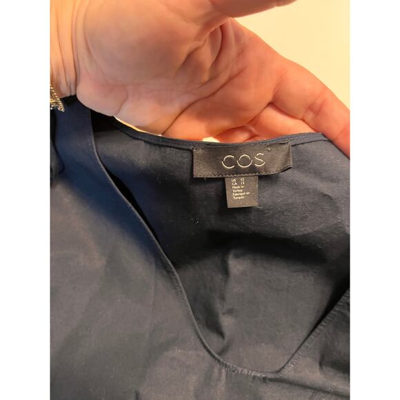 COS Dark Blue V-Neck Long Sleeve Cotton Voluminous A-Line Dress Size 12 - Picture 3 of 7